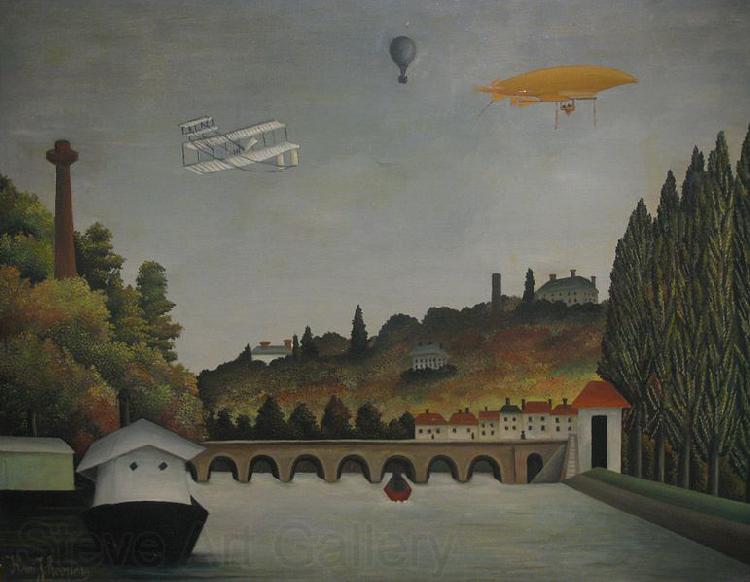 Henri Rousseau View of the Pont Sevres and the Hills of Clamart, Saint-Cloud, and Bellevue with Biplane, Ballon and Dirigible By Henri Rousseau Norge oil painting art